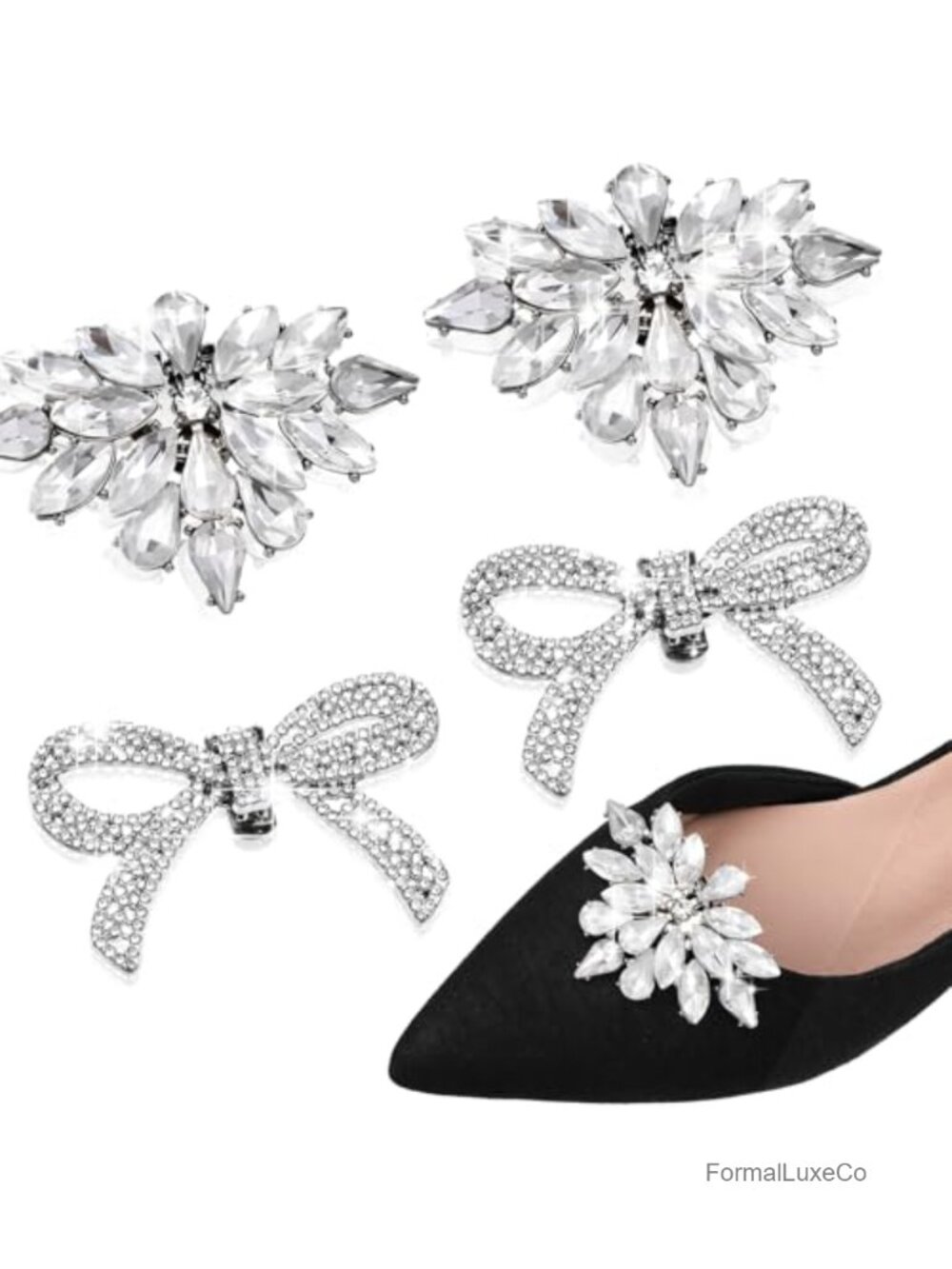 4pc Rhinestone Shoe Clips Crystal Detachable Buckle Bow Charms Formal